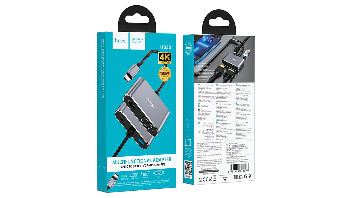 HOCO HB30 4K Type-C to HDMI + VGA + USB3.0 + PD  გადამყვანი ჰაბი