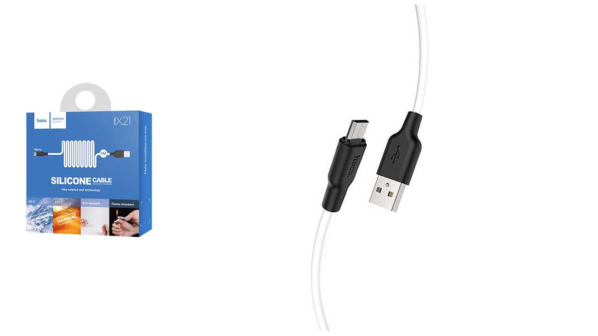 HOCO X21 micro USB კაბელი ცეცხლგამძლე სილიკონის თეთრი