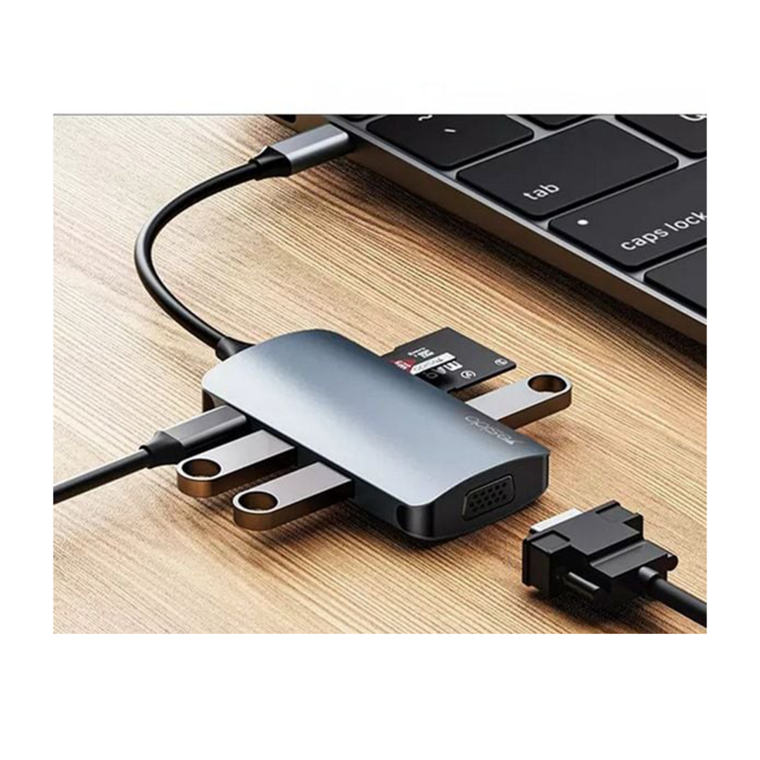 Yesido HB16 7in1 გადამყვანი ჰაბი USB-C to TF/SD + USB 3.0/2.0+PD+VGA
